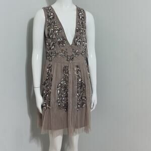 Maya Deluxe women’s short beige tulle dress, sleeveless, elegant cocktail 8